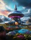 Science fiction scenery, space base on alien Planet, Sky with clouds, generative ai illustration Royalty Free Stock Photo