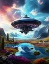 Science fiction scenery, space base on alien Planet, Sky with clouds, generative ai illustration Royalty Free Stock Photo