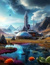 Science fiction scenery, space base on alien Planet, Sky with clouds, generative ai illustration Royalty Free Stock Photo