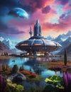 Science fiction scenery, space base on alien Planet, Sky with clouds, generative ai illustration Royalty Free Stock Photo