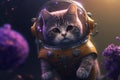 Science fiction space wallpaper with cat astronaut, incredibly beautiful planets, galaxies