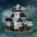 Hi-tech fantasy city with flying airships