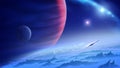 A spaceship is flying from an unknown planet in the universe with the background of a nebula and a giant gas planet Royalty Free Stock Photo