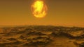 Beautiful space view, view from an alien planet, exoplanet surface, fantastic planet 3D render Royalty Free Stock Photo