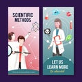 Science flyer design with man, woman, magnifying glass watercolor illustration