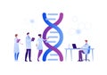 Science genetic laboratory concept. Vector flat person illustration. Multiethnic male and female scientist team with dna helix