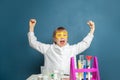 Science girl power. Happy child girl and science experiment. Brainstorm, idea and science concept Royalty Free Stock Photo