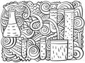 Science horizontal meditative coloring page with laboratory glassware and ornate patterns