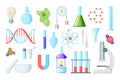 Science icon. Chemical and medical tools. Lab equipment. Biology and chemistry. Test tube. Bacteria cell. Atom and DNA Royalty Free Stock Photo