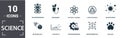 Science icon set. Contain filled flat logic, statistics, physical science, earth science, meteorology, zoology icons. Editable