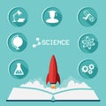 Science icon set. Flat icons with long shadow and the rocket flies up