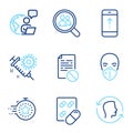 Science icons set. Included icon as Capsule pill, Coronavirus vaccine, Wrong file signs. Vector