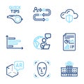 Science icons set. Included icon as Cloud protection, Report document, Face detection signs. Vector