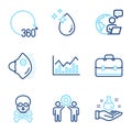 Science icons set. Included icon as Employees teamwork, Infochart, Water drop signs. Vector