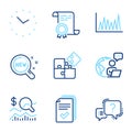 Science icons set. Included icon as Puzzle, Line graph, Handout signs. New products, Time, Certificate symbols. Vector