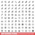 100 science icons set, outline style