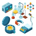 Science isometric. Chemical supporting laboratory testing biology attributes scientific glass tubes drugs microscope