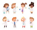 Science kids. Childrens in chemistry lab boys and little girls vector funny people