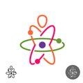 Science for kids logo. Colorful atom structure symbol with child silhouette inside