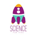 Science for kids logo symbol with rocket. Colorful hand drawn label