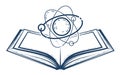 Science and knowledge, open book with atom or molecule, scientific research and education