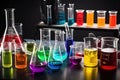 science lab with beakers, flasks, and test tubes filled with colorful liquids Royalty Free Stock Photo