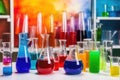 science lab with beakers, flasks, and test tubes filled with colorful liquids Royalty Free Stock Photo