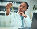 Science lab, black woman and worry for test tube plant, pharmaceutical mistake or research product risk. Investigation Royalty Free Stock Photo