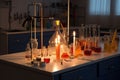 science lab with bunsen burner, test tubes, and other equipment for chemical experiments Royalty Free Stock Photo