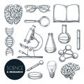 Science lab and chemistry research sketch vector illustration. Isolated hand drawn education icons set