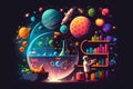 Science Lab with Diagrammatic Objects and Space-themed Elements Royalty Free Stock Photo
