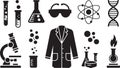 Science lab equipment icon set featuring microscope beaker labcoat and test tube Royalty Free Stock Photo