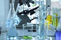 Science Laboratory Different glassware medical equipment for chemistry biology test samples. Liquid, reflection metal Royalty Free Stock Photo