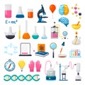 Science and laboratory equipment icons set of vector illustrations. Flasks, beakers, microscope and pipette, chemical Royalty Free Stock Photo