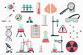 Science laboratory isolated elements set in flat design. Bundle of atom, test tubes, thermometer, magnifier, glasses, warning sign Royalty Free Stock Photo