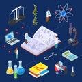 Science laboratory isometric. Vector chemical equipment for experimental lab and scientists