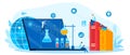 Science laboratory, research chemistry, experiment test microscope, education biotechnology, flat style vector