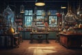 Science Laboratory Scene, Beakers, Flasks, Tubes, and Chemicals