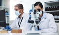 Science, laboratory and team of scientists with microscope for research, medical analysis and lab test. Healthcare Royalty Free Stock Photo