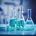 science laboratory test blue tubes on light blue background , lab equipment for research new medical, tubes in laboratory Royalty Free Stock Photo