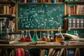 Science laboratory with various chemical flasks and chalkboard Royalty Free Stock Photo