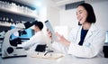 Science, laboratory and woman scientist with tablet, research for pharmacist or healthcare worker in modern lab. Medical