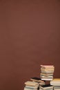 science learning library stack of books on brown background