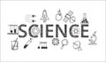 Science lettering flat line design with scientific icons and elements Vector hand-drawn