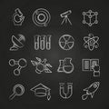 Science line icons set on chalkboard