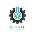 Science logo concept design. Gear, test tube & green leaves creative sign. Cogwheel & flask symbol. Chemical pharmacology medicine