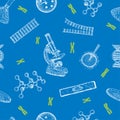 Science, medicine, genetics seamless pattern. DNA seamless background microscope, chromosomes, genes