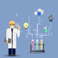 Science and medicine infographic on blue background.(big pills v Royalty Free Stock Photo