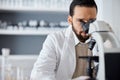 Science, microscope and analytics with a doctor man at work in a laboratory for innovation or development. Medical Royalty Free Stock Photo