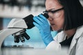 Science, microscope sample and Asian woman in laboratory for research, analysis and study. Microbiology, healthcare ppe